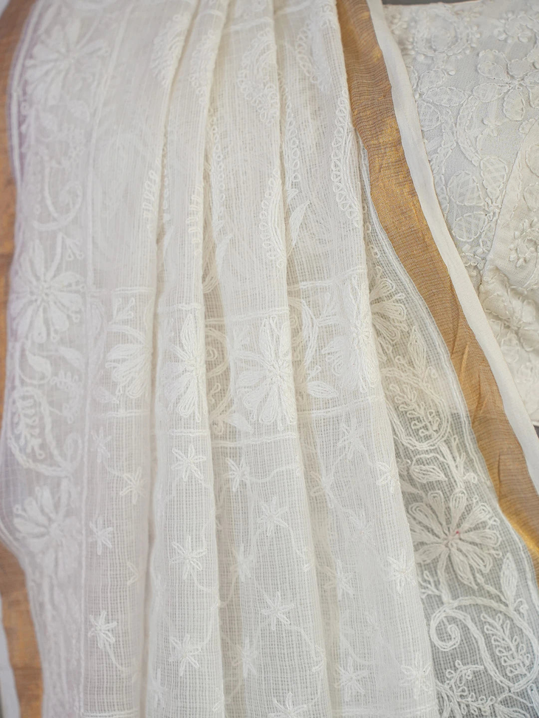 Ada Hand Embroidered White Kota Lucknowi Chikankari Saree and Blouse 01A477680