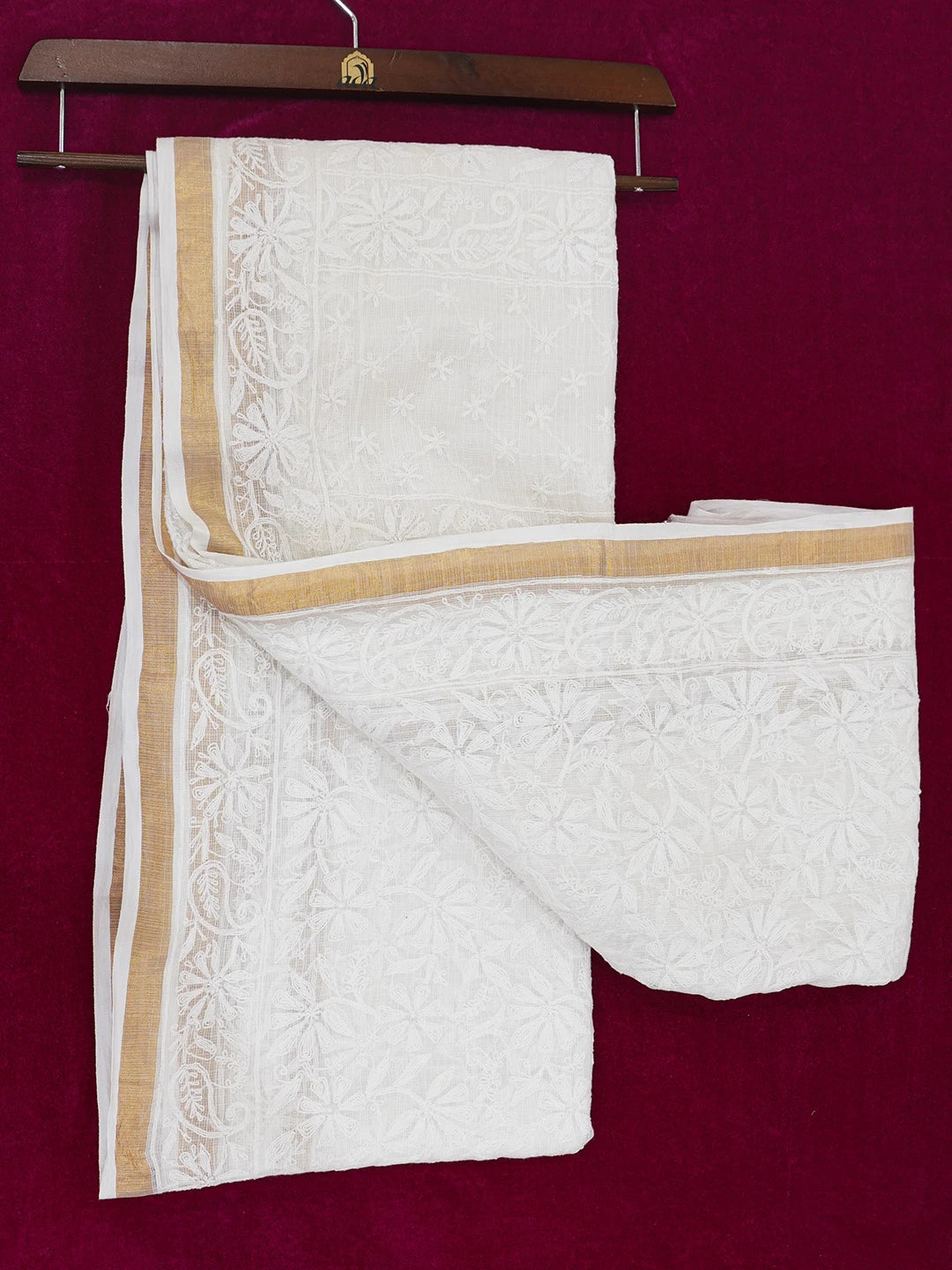 Ada Hand Embroidered White Kota Lucknowi Chikankari Saree and Blouse 01A477680