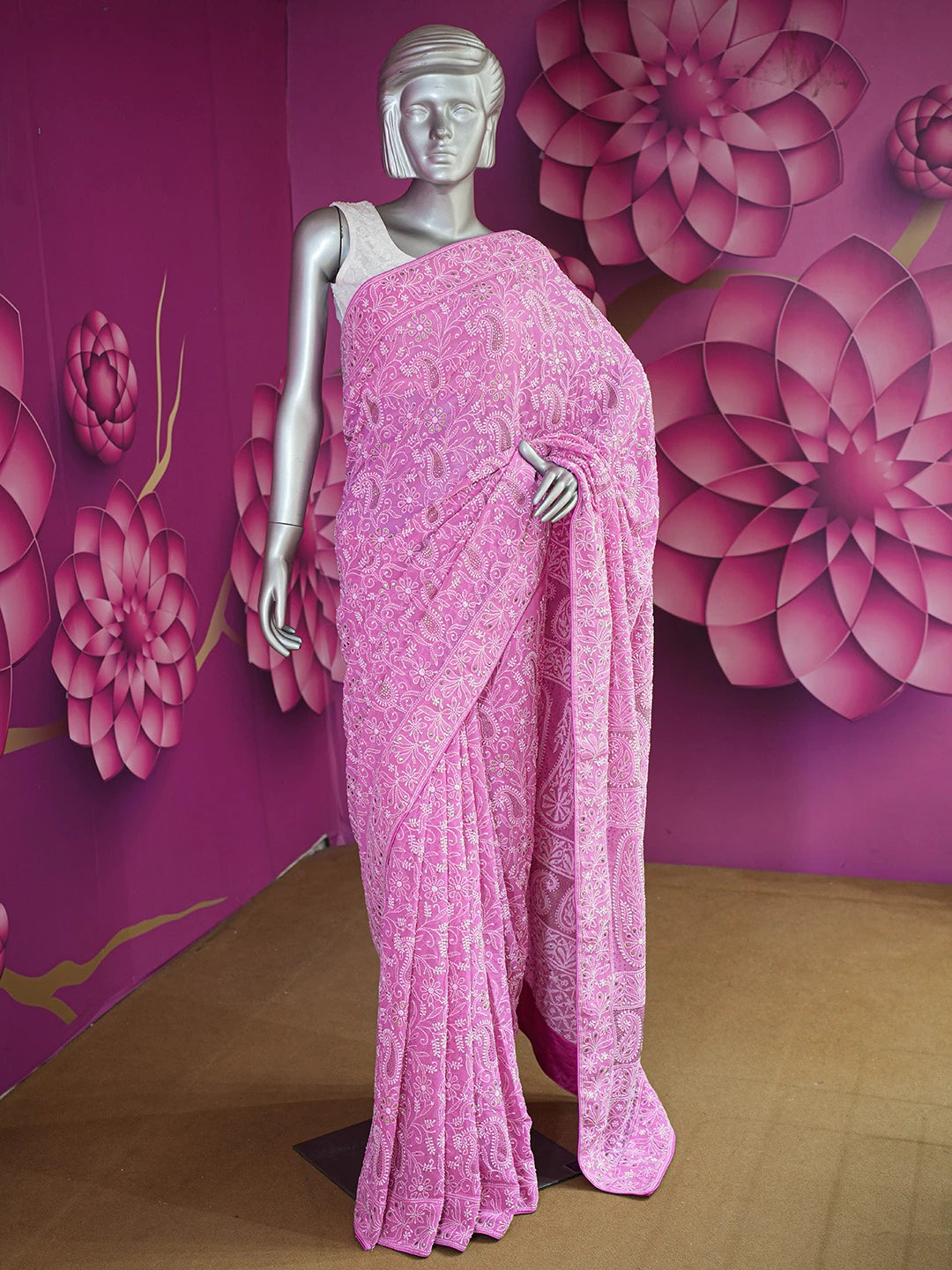 Ada Hand Embroidered Magenta Pure Georgette Lucknowi Chikankari Saree/Blouse With Muqaish Work 01A8218