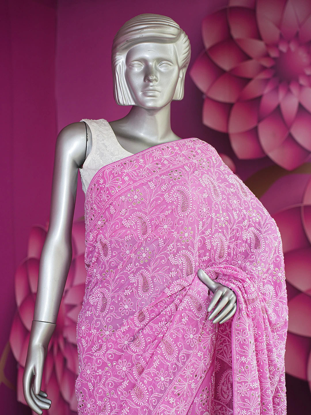 Ada Hand Embroidered Magenta Pure Georgette Lucknowi Chikankari Saree/Blouse With Muqaish Work 01A8218