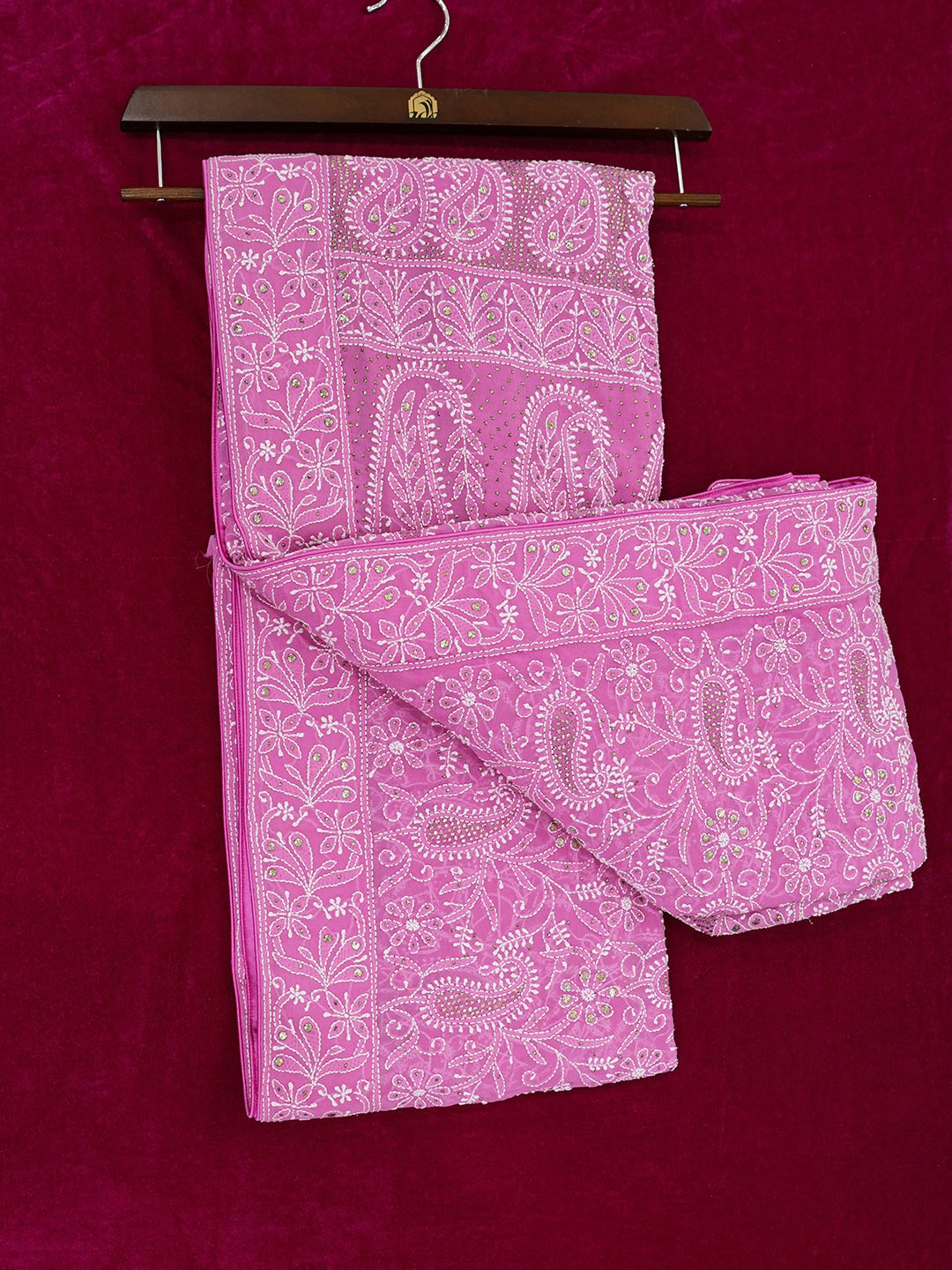 Ada Hand Embroidered Magenta Pure Georgette Lucknowi Chikankari Saree/Blouse With Muqaish Work 01A8218