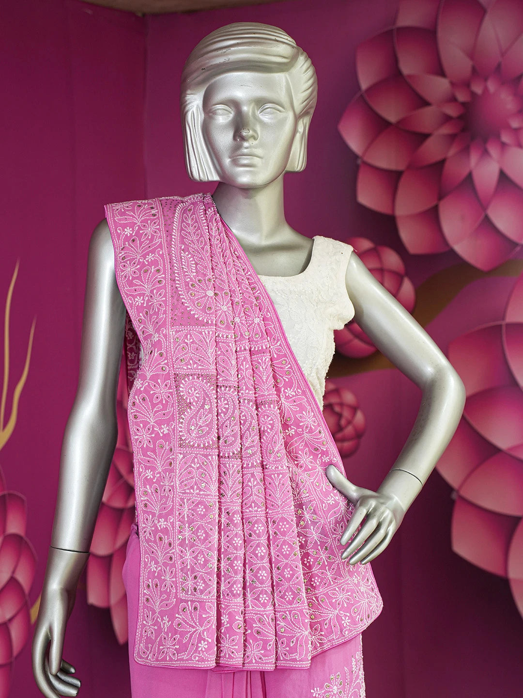 Ada Hand Embroidered Magenta Pure Georgette Lucknowi Chikankari Saree/Blouse With Muqaish Work 01A8218