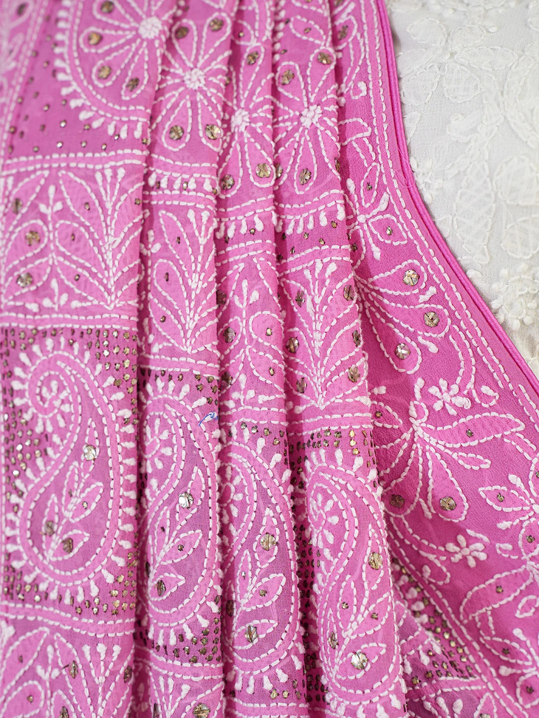 Ada Hand Embroidered Magenta Pure Georgette Lucknowi Chikankari Saree/Blouse With Muqaish Work 01A8218