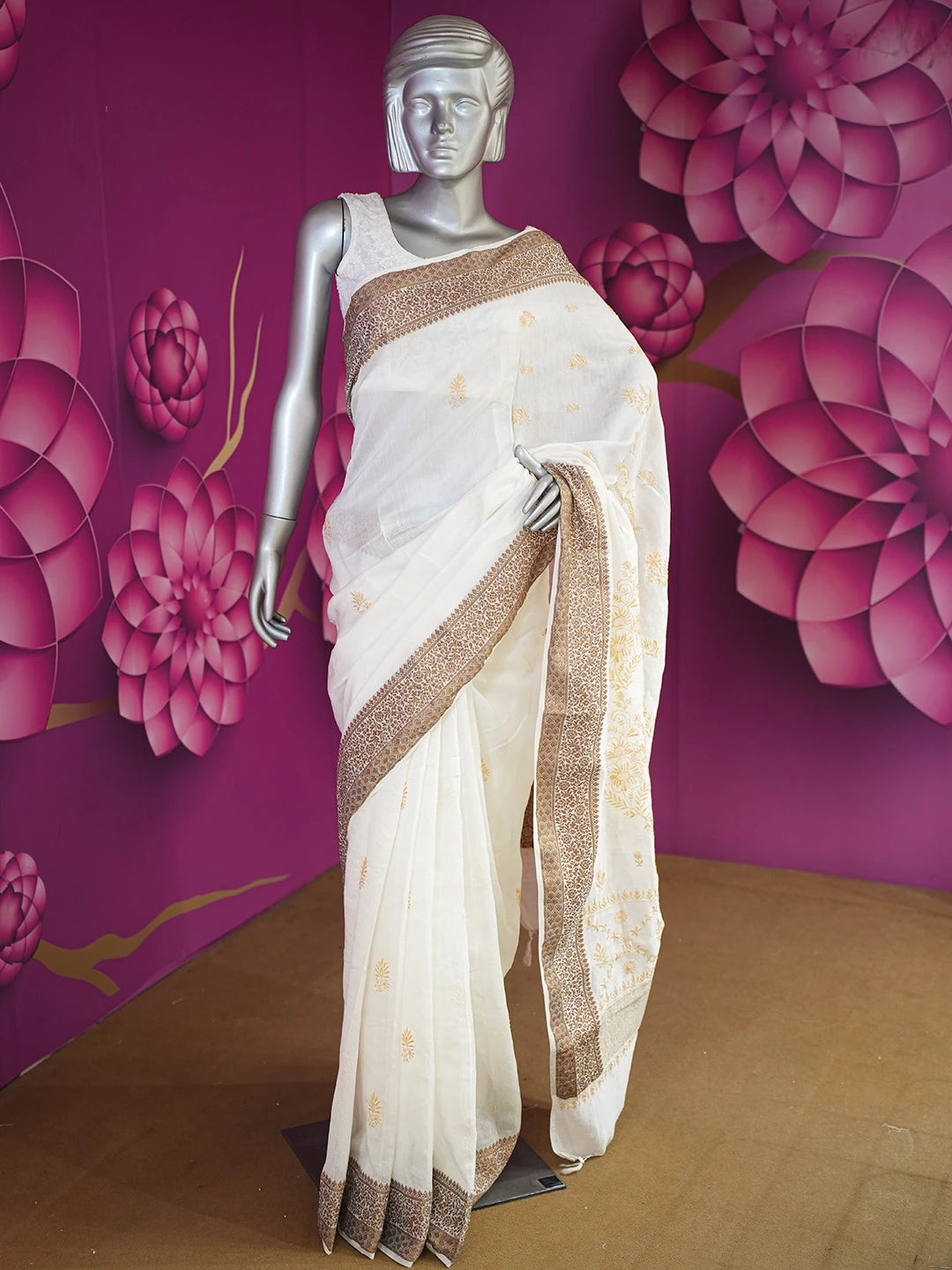 Ada Hand Embroidered Off White Chanderi Lucknowi Chikankari Saree and Blouse 01A665305