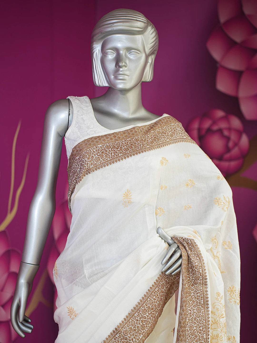 Ada Hand Embroidered Off White Chanderi Lucknowi Chikankari Saree and Blouse 01A665305