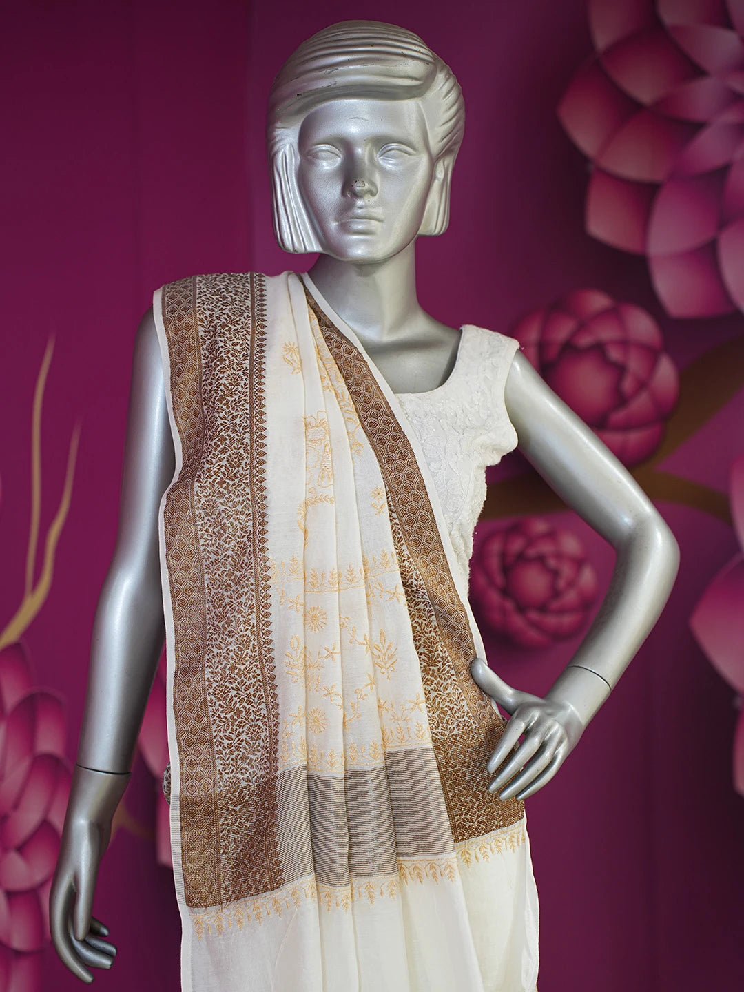 Ada Hand Embroidered Off White Chanderi Lucknowi Chikankari Saree and Blouse 01A665305