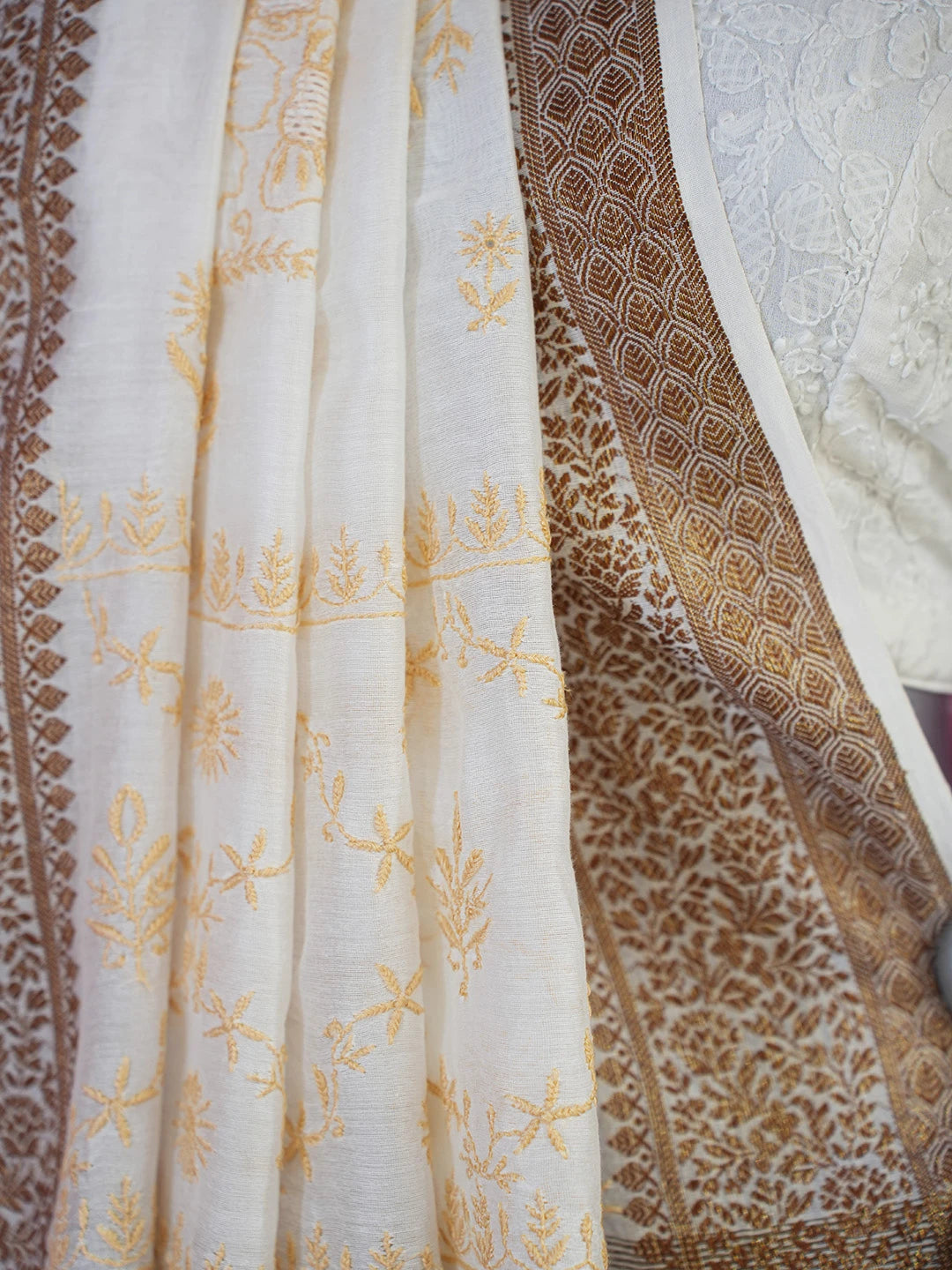 Ada Hand Embroidered Off White Chanderi Lucknowi Chikankari Saree and Blouse 01A665305