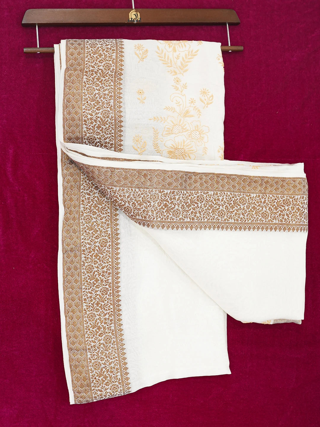 Ada Hand Embroidered Off White Chanderi Lucknowi Chikankari Saree and Blouse 01A665305