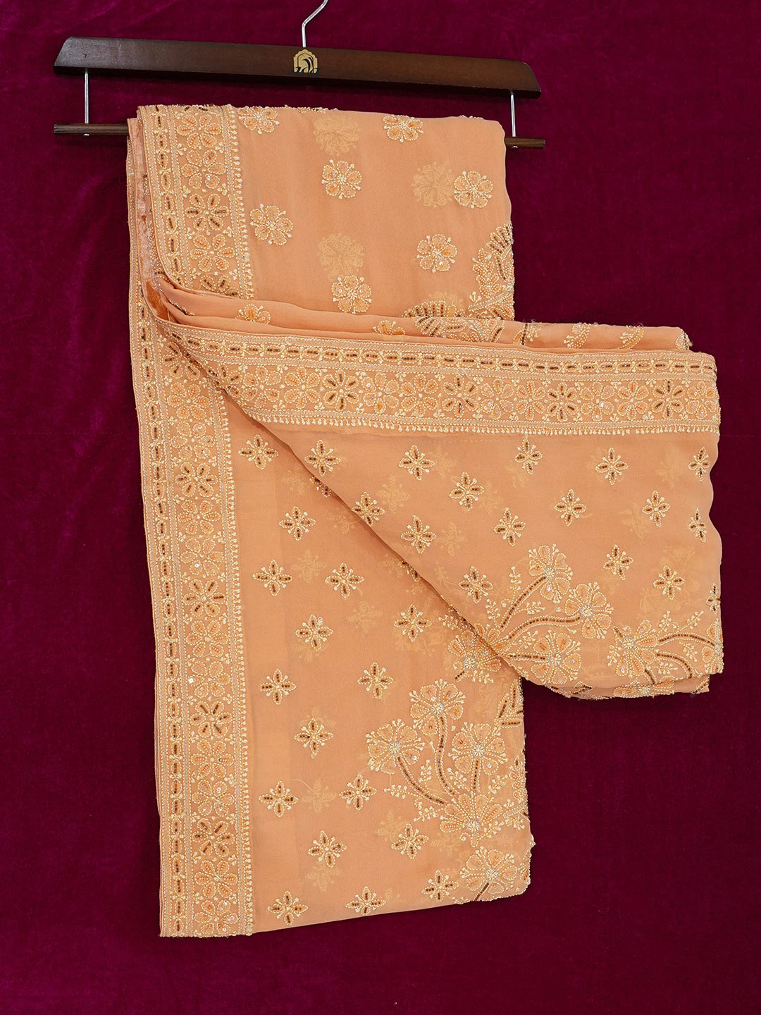 Ada Hand Embroidered Creamy Peach Pure Georgette Lucknowi Chikankari Saree/Blouse With Cutdana Work 01A273680