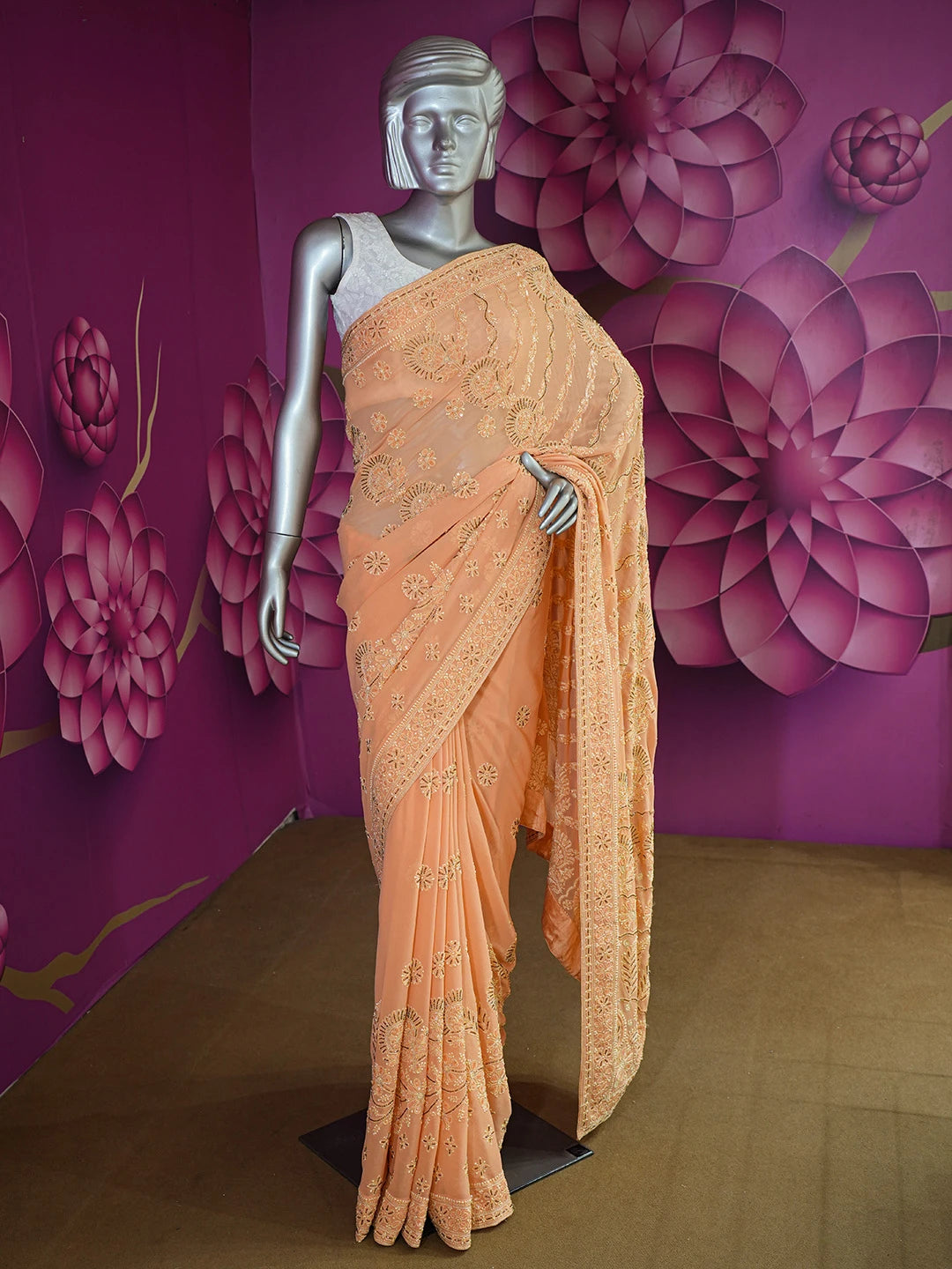 Ada Hand Embroidered Creamy Peach Pure Georgette Lucknowi Chikankari Saree/Blouse With Cutdana Work 01A273680
