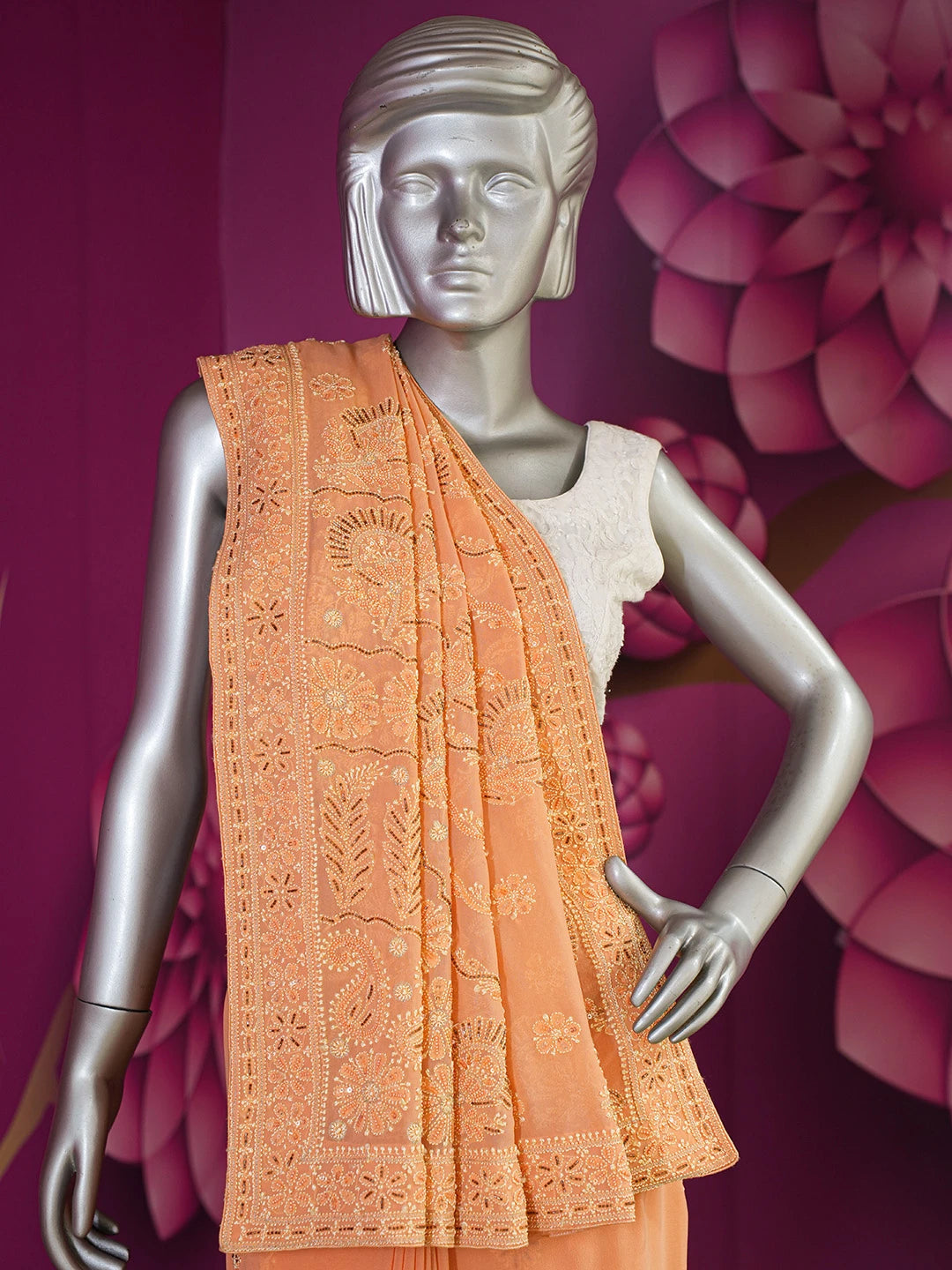 Ada Hand Embroidered Creamy Peach Pure Georgette Lucknowi Chikankari Saree/Blouse With Cutdana Work 01A273680