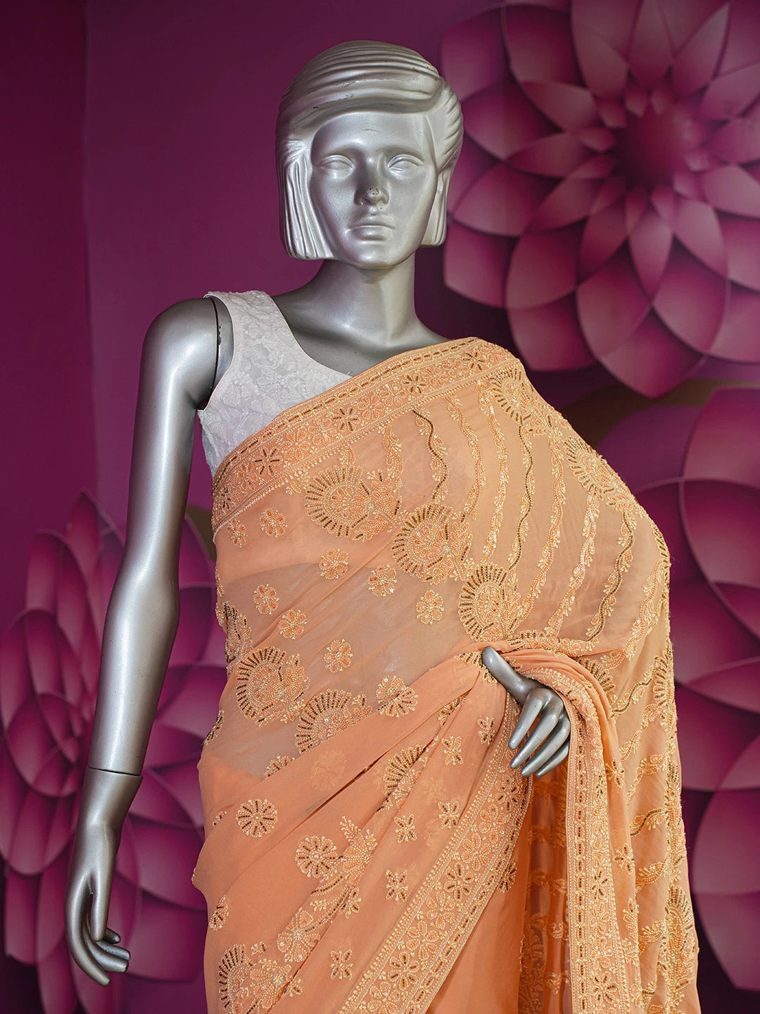 Ada Hand Embroidered Creamy Peach Pure Georgette Lucknowi Chikankari Saree/Blouse With Cutdana Work 01A273680