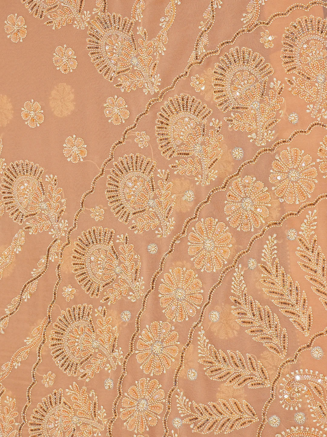 Ada Hand Embroidered Creamy Peach Pure Georgette Lucknowi Chikankari Saree/Blouse With Cutdana Work 01A273680