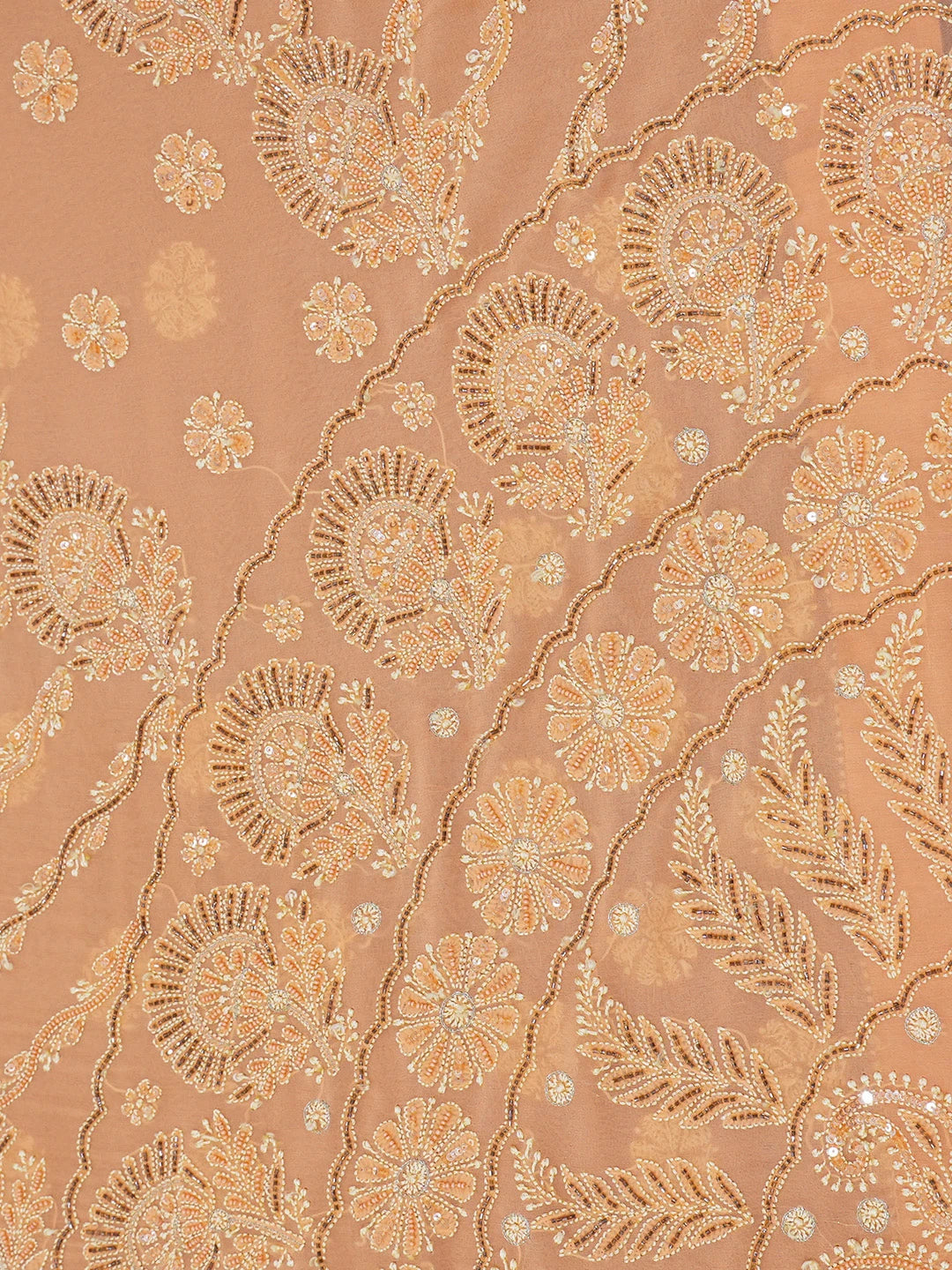 Ada Hand Embroidered Creamy Peach Pure Georgette Lucknowi Chikankari Saree/Blouse With Cutdana Work 01A273680