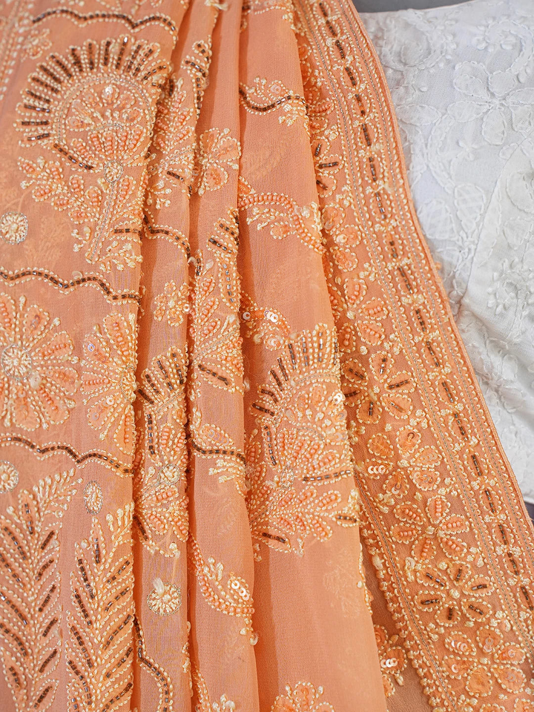 Ada Hand Embroidered Creamy Peach Pure Georgette Lucknowi Chikankari Saree/Blouse With Cutdana Work 01A273680