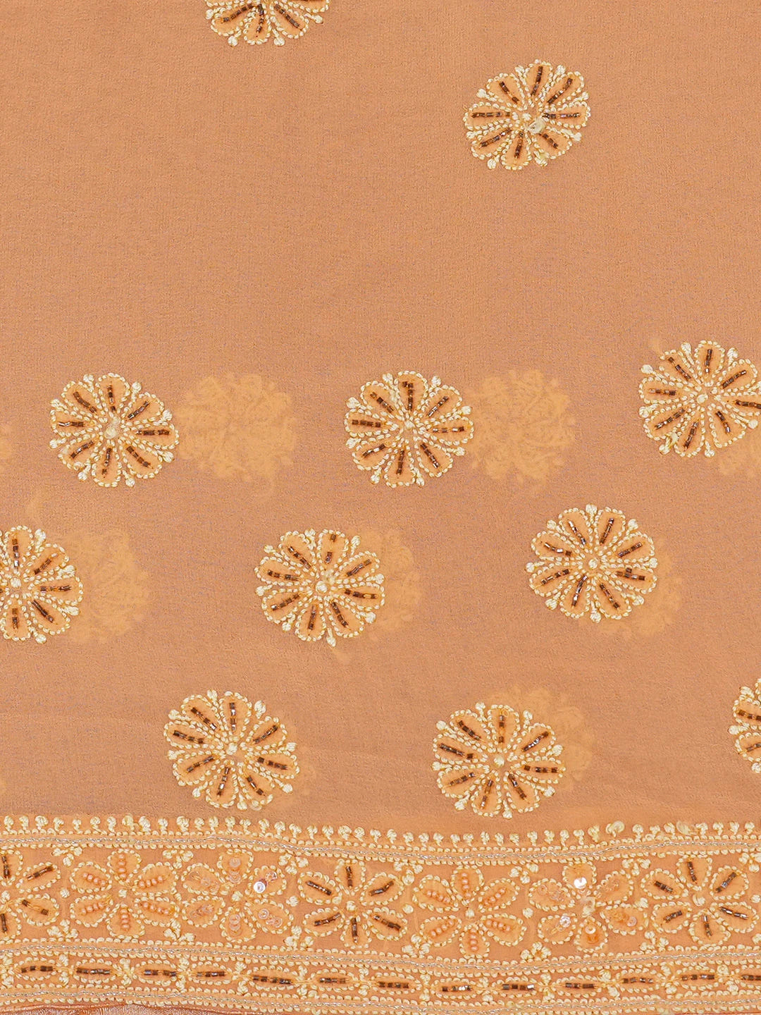 Ada Hand Embroidered Creamy Peach Pure Georgette Lucknowi Chikankari Saree/Blouse With Cutdana Work 01A273680