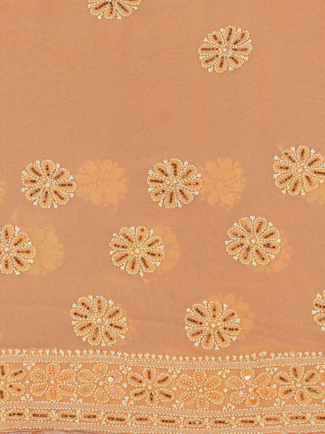 Ada Hand Embroidered Creamy Peach Pure Georgette Lucknowi Chikankari Saree/Blouse With Cutdana Work 01A273680