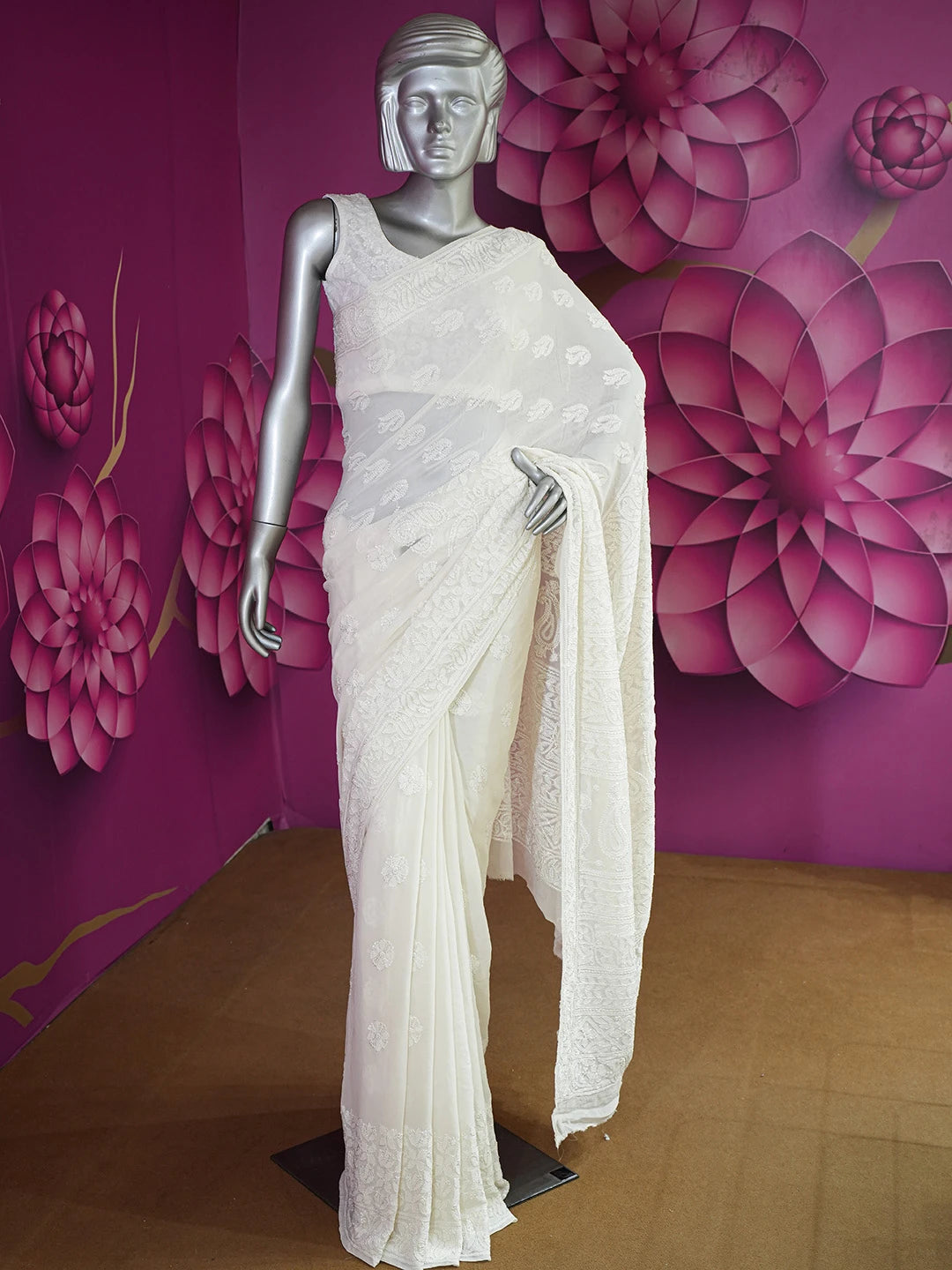 Ada Hand Embroidered Off-White Pure Georgette Lucknowi Chikankari Saree/Blouse 01A667731