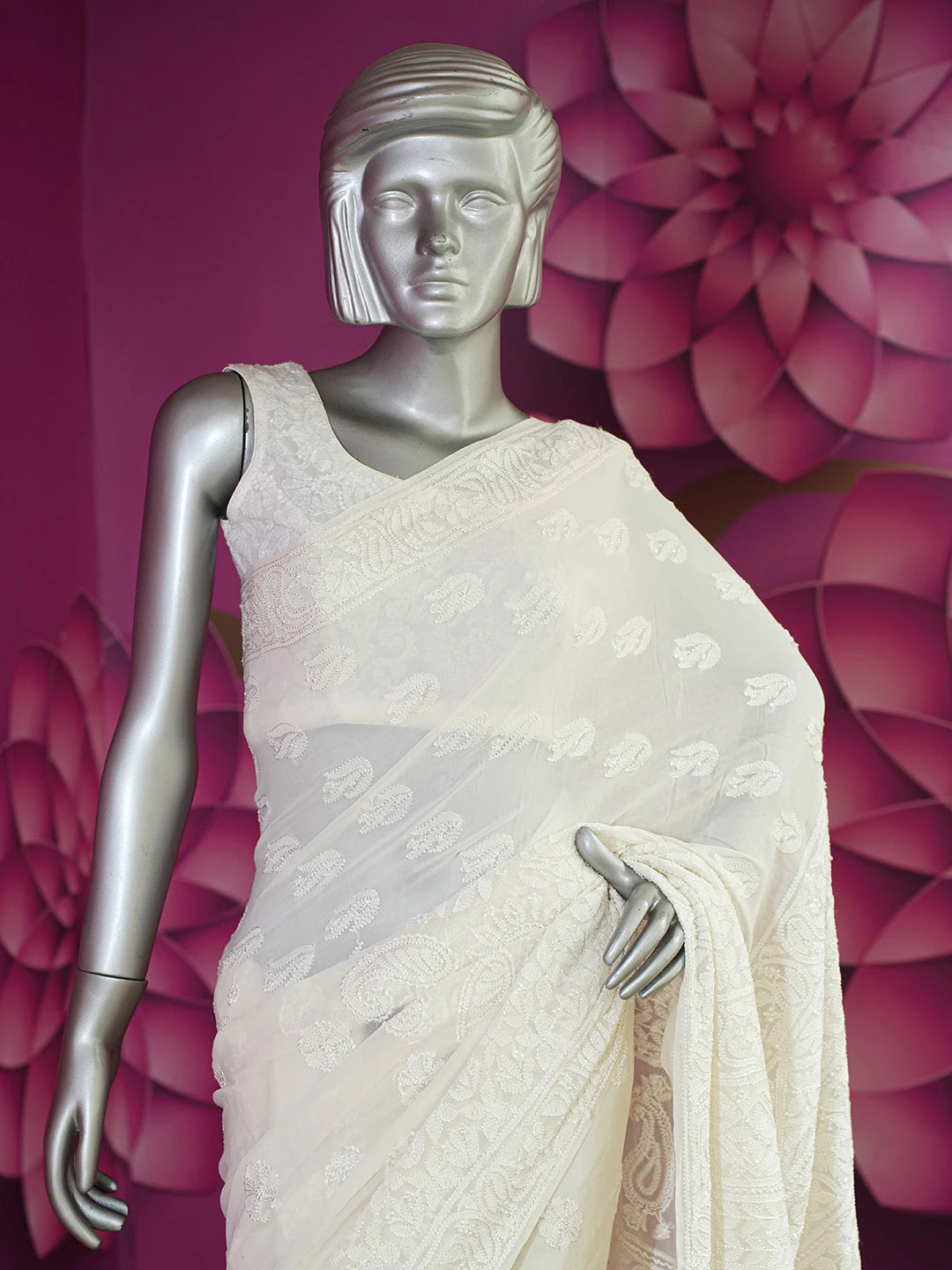 Ada Hand Embroidered Off-White Pure Georgette Lucknowi Chikankari Saree/Blouse 01A667731