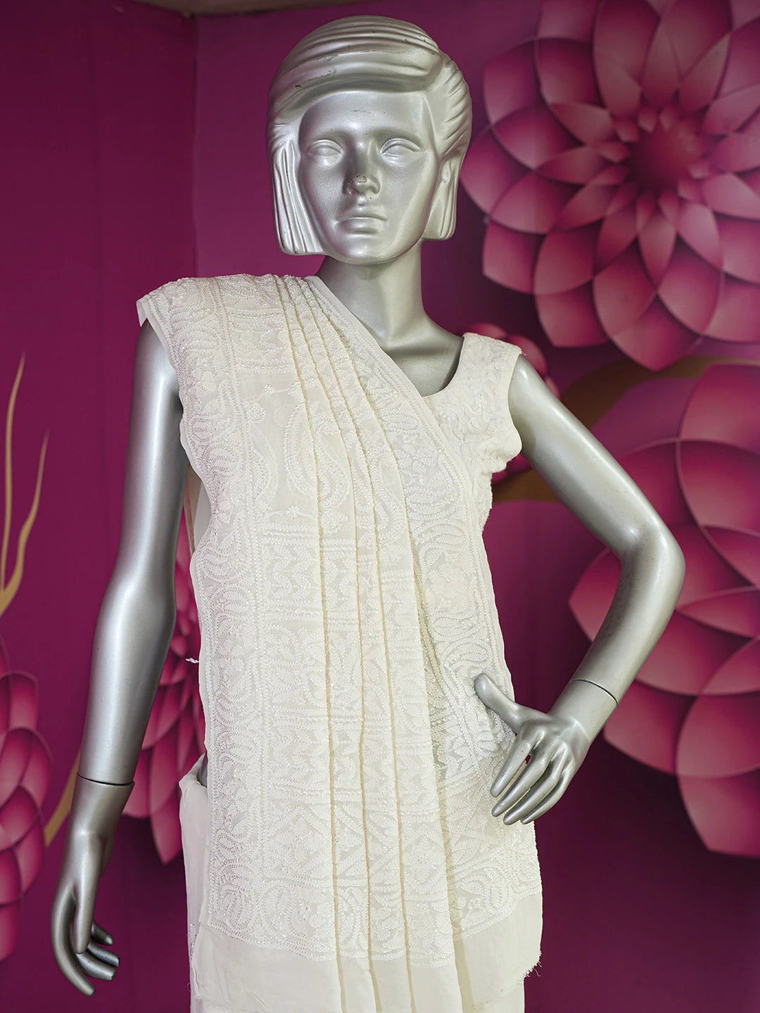 Ada Hand Embroidered Off-White Pure Georgette Lucknowi Chikankari Saree/Blouse 01A667731