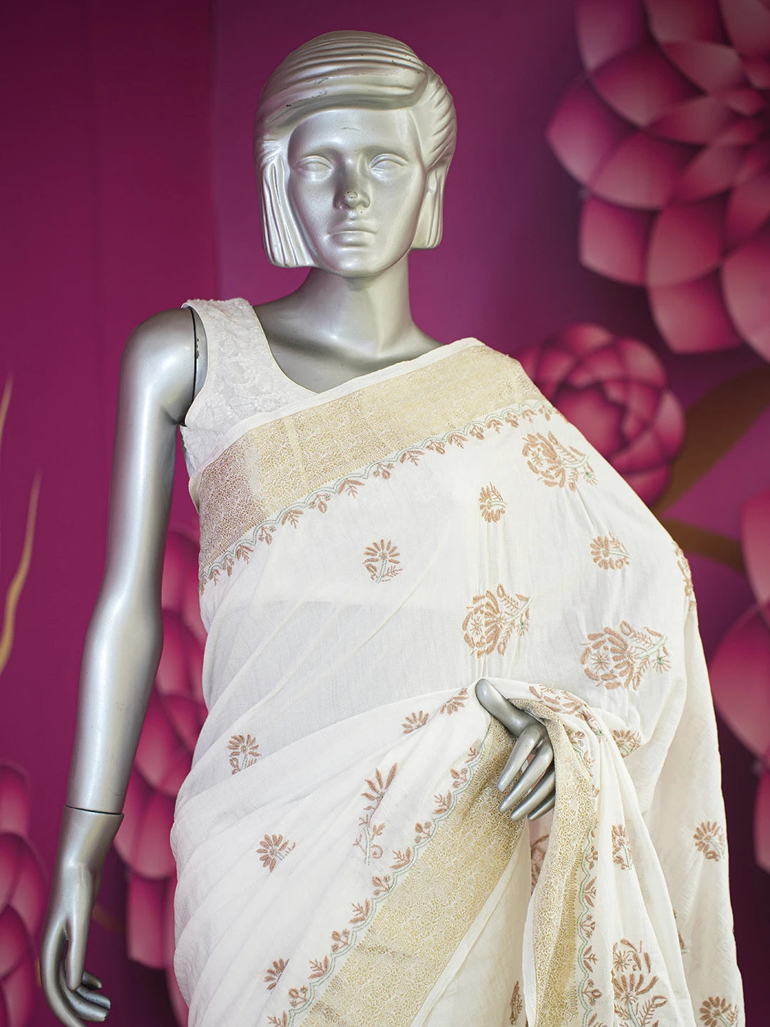 Ada Hand Embroidered White Chanderi Silk Lucknowi Chikankari Saree and Blouse 01A645758