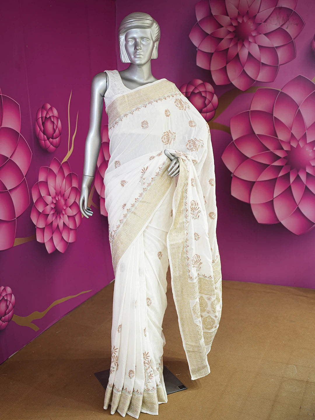 Ada Hand Embroidered White Chanderi Silk Lucknowi Chikankari Saree and Blouse 01A645758