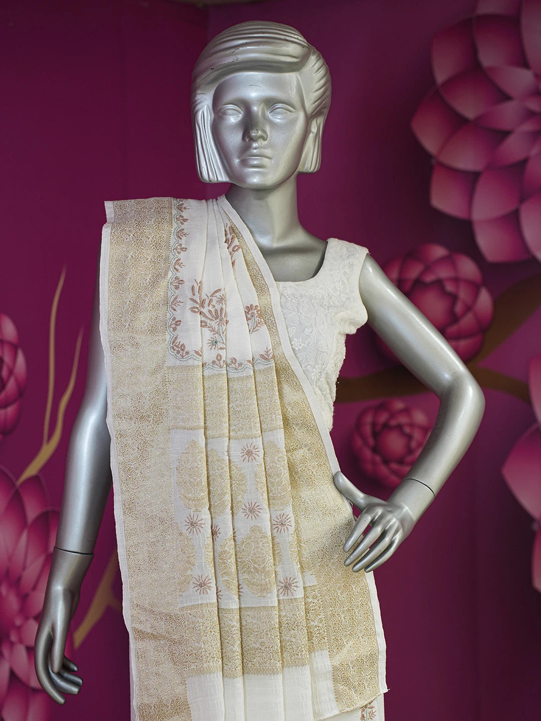 Ada Hand Embroidered White Chanderi Silk Lucknowi Chikankari Saree and Blouse 01A645758