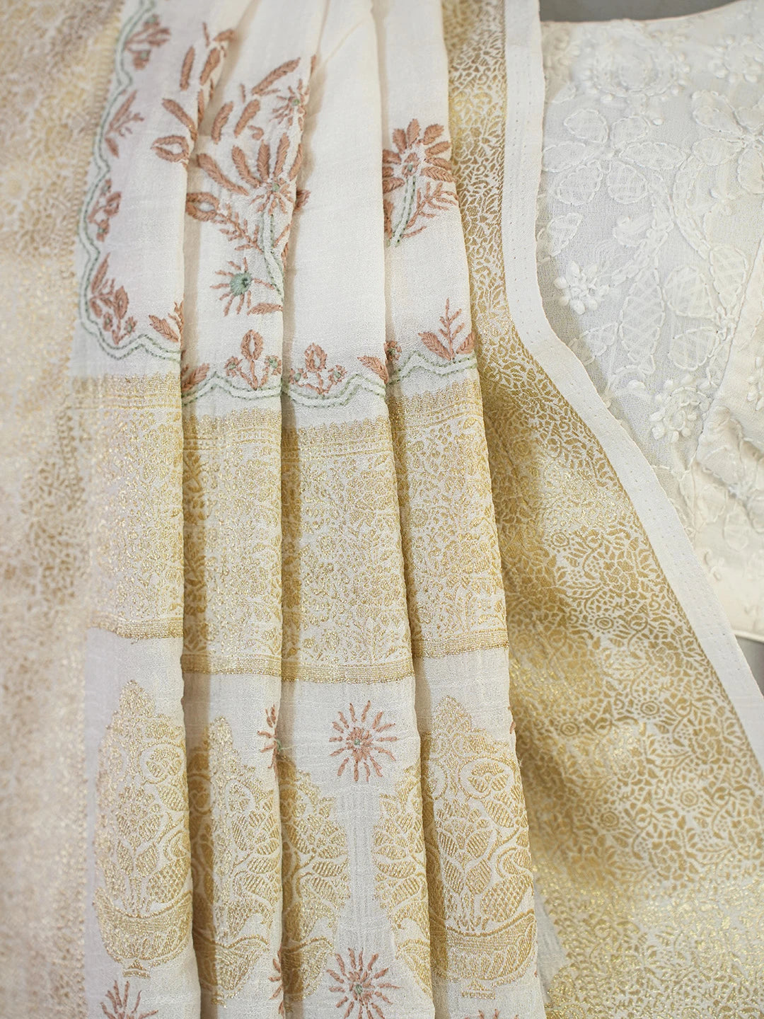Ada Hand Embroidered White Chanderi Silk Lucknowi Chikankari Saree and Blouse 01A645758