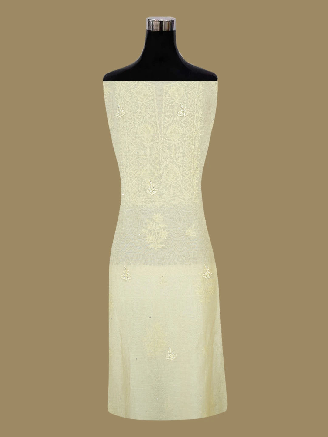 Ada Hand Embroidered Flax Yellow Chanderi Lucknowi Chikankari Unstitched Kurta Dupatta Set With Sequinned Work 01A639175