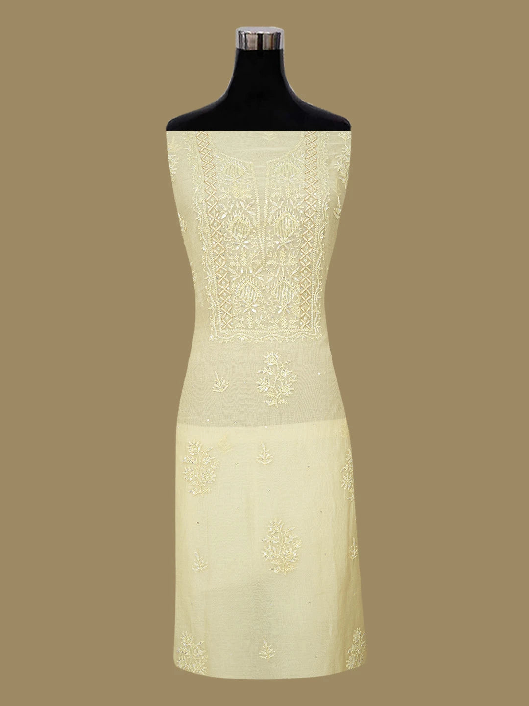 Ada Hand Embroidered Flax Yellow Chanderi Lucknowi Chikankari Unstitched Kurta Dupatta Set With Sequinned Work 01A639175