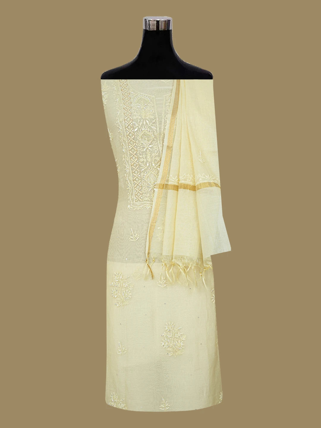 Ada Hand Embroidered Flax Yellow Chanderi Lucknowi Chikankari Unstitched Kurta Dupatta Set With Sequinned Work 01A639175