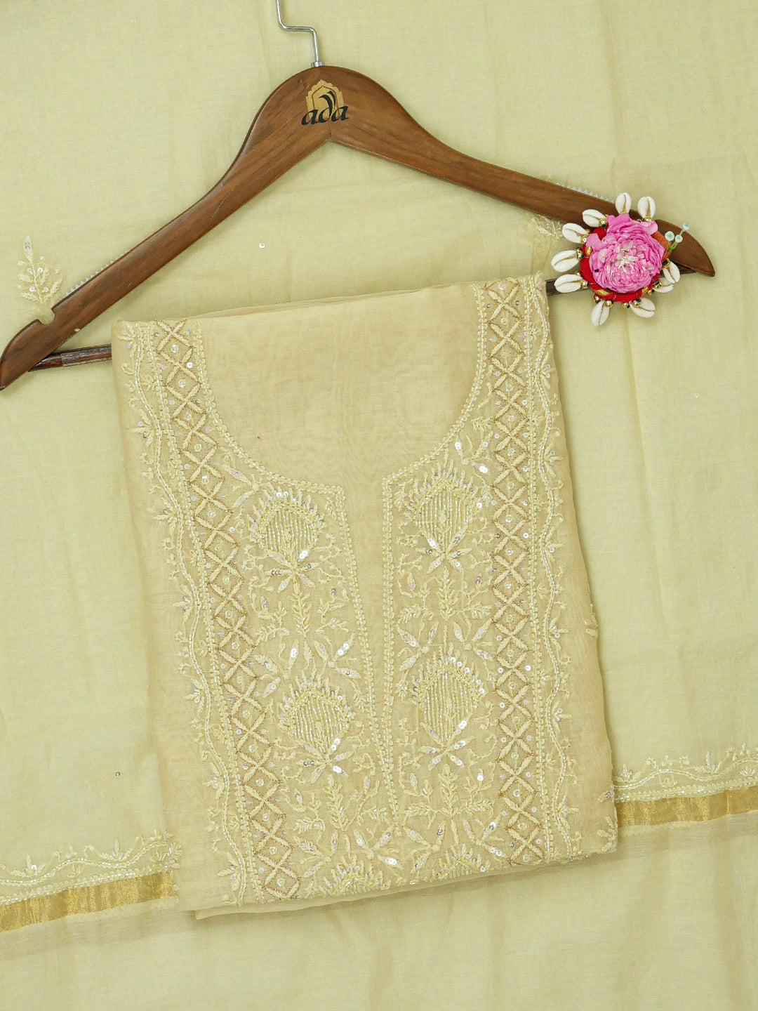 Ada Hand Embroidered Flax Yellow Chanderi Lucknowi Chikankari Unstitched Kurta Dupatta Set With Sequinned Work 01A639175
