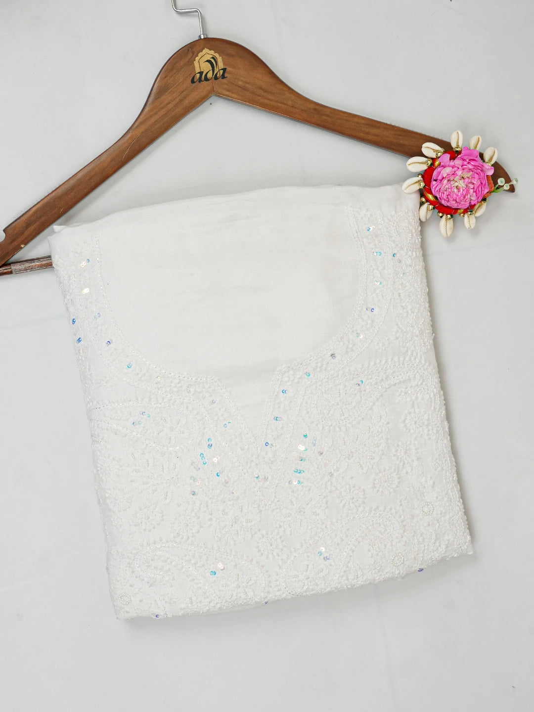 Ada Hand Embroidered White Cotton Lucknowi Chikankari Unstitched Kurta Piece With Pearl Work 01A205979