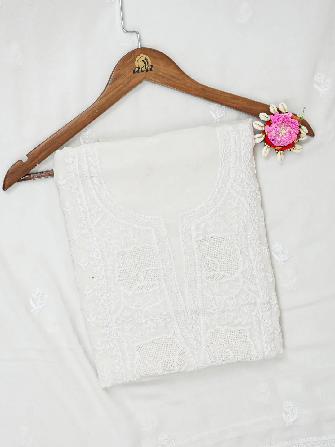 Ada Hand Embroidered White Pure Georgette Lucknowi Chikankari Unstitched Kurta Dupatta Set 01A620354