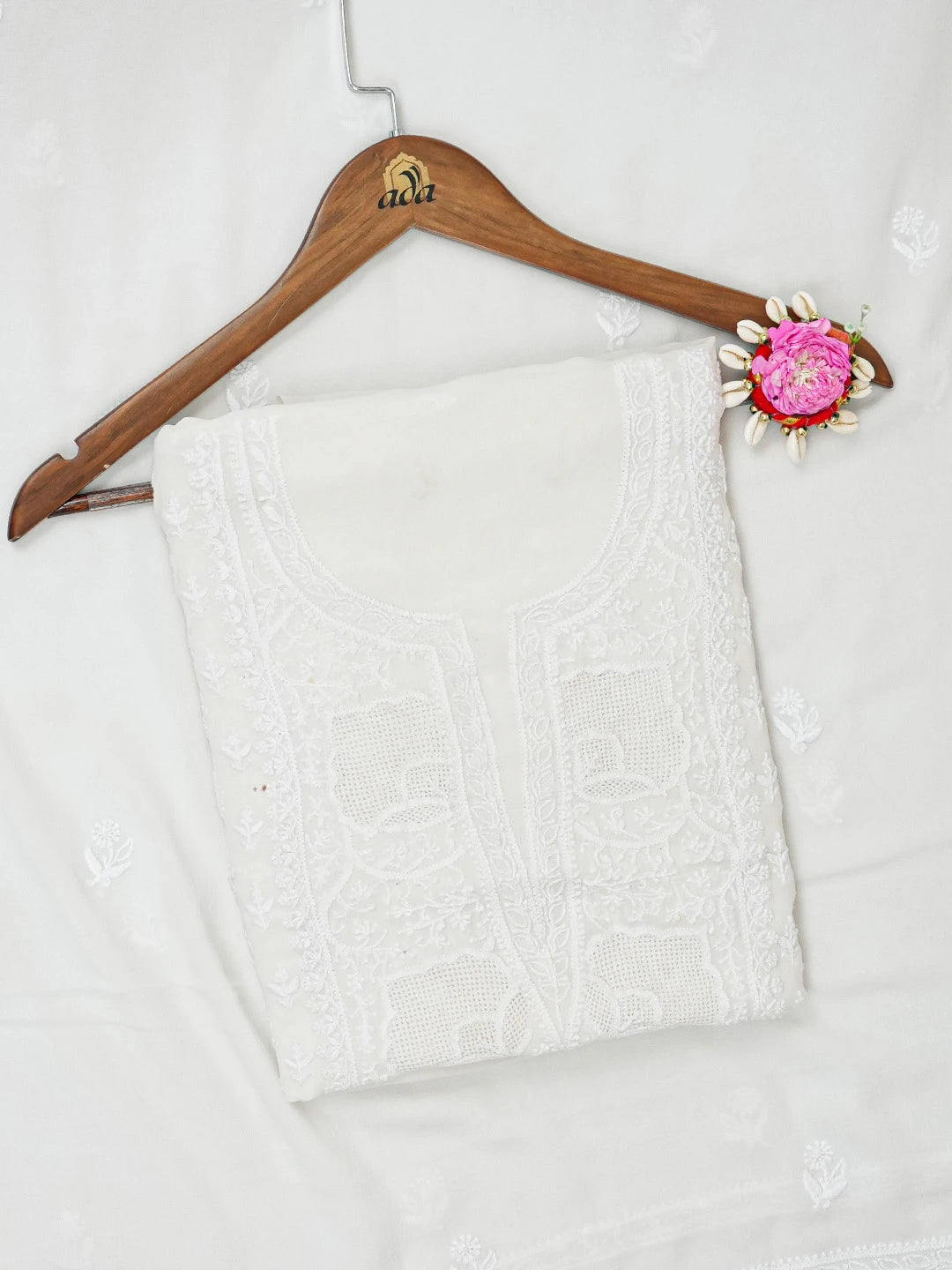 Ada Hand Embroidered White Pure Georgette Lucknowi Chikankari Unstitched Kurta Dupatta Set 01A620354