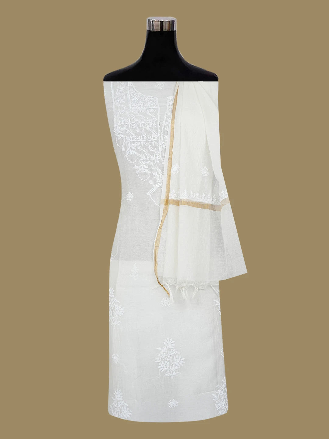 Ada Hand Embroidered White Kota Lucknowi Chikankari Unstitched Kurta Dupatta Set 01A639171