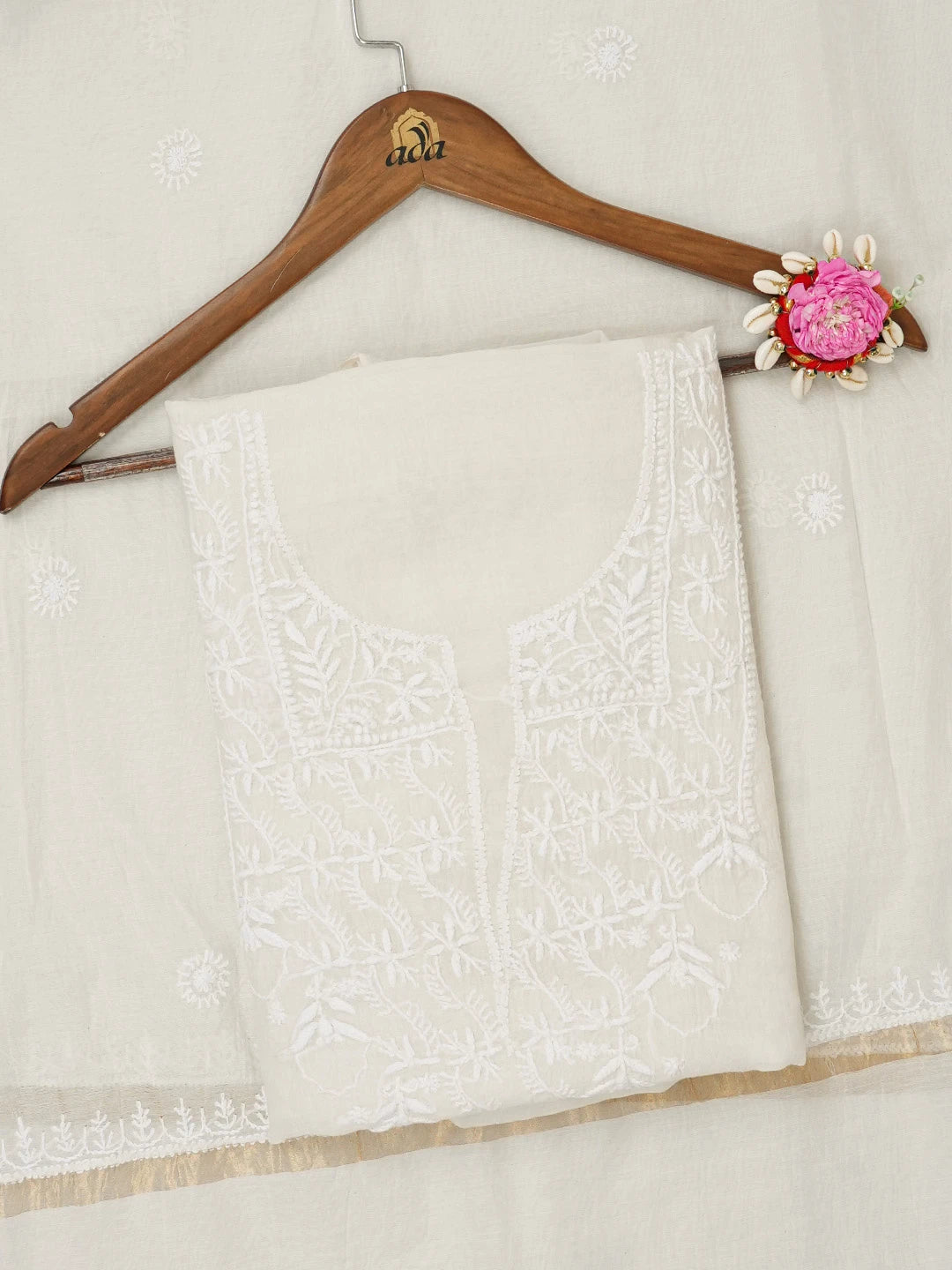 Ada Hand Embroidered White Kota Lucknowi Chikankari Unstitched Kurta Dupatta Set 01A639171