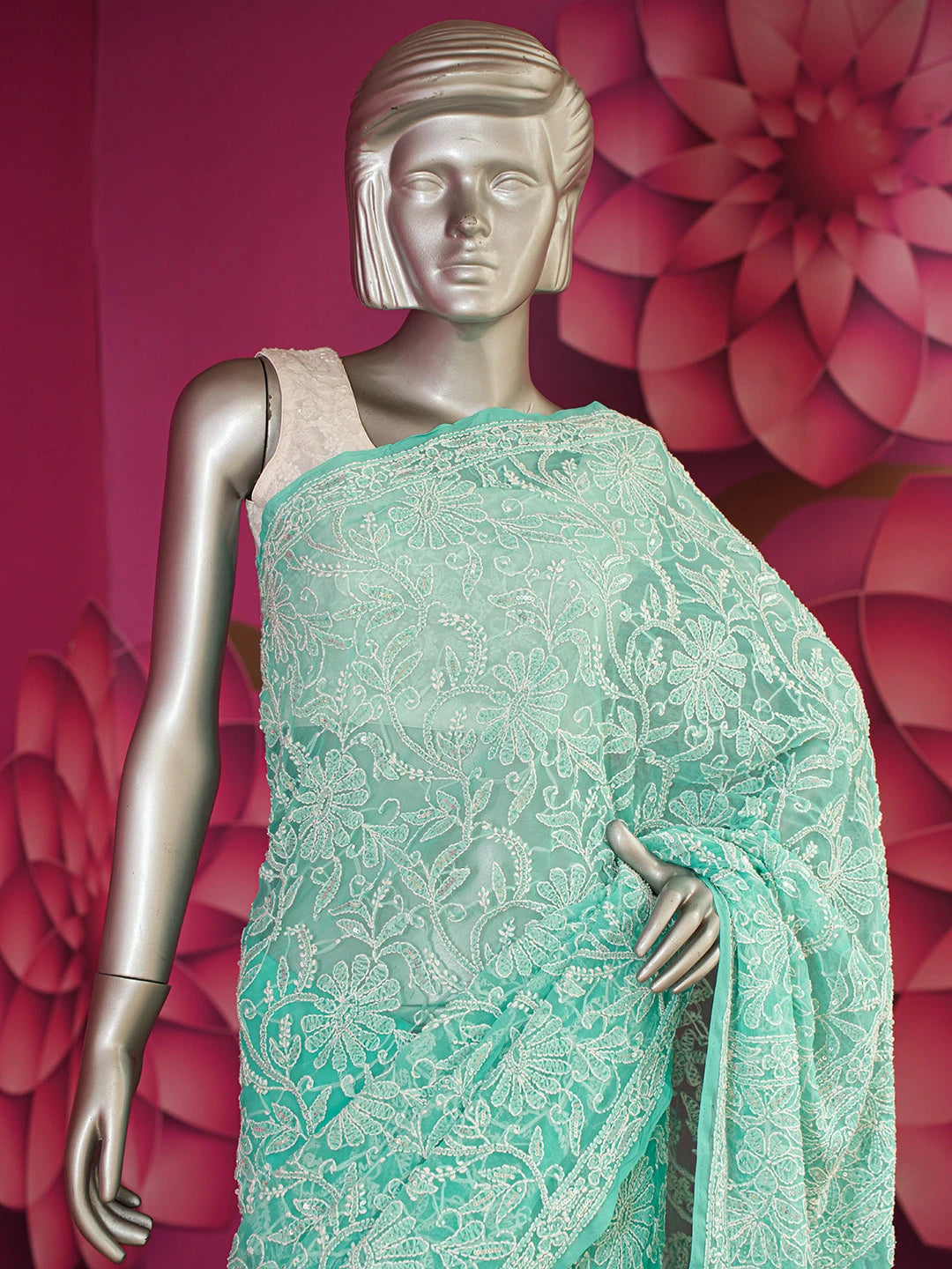 Ada Hand Embroidered Sea Green Georgette Lucknowi Chikankari Saree/Blouse with Sequinned Work 01A580223