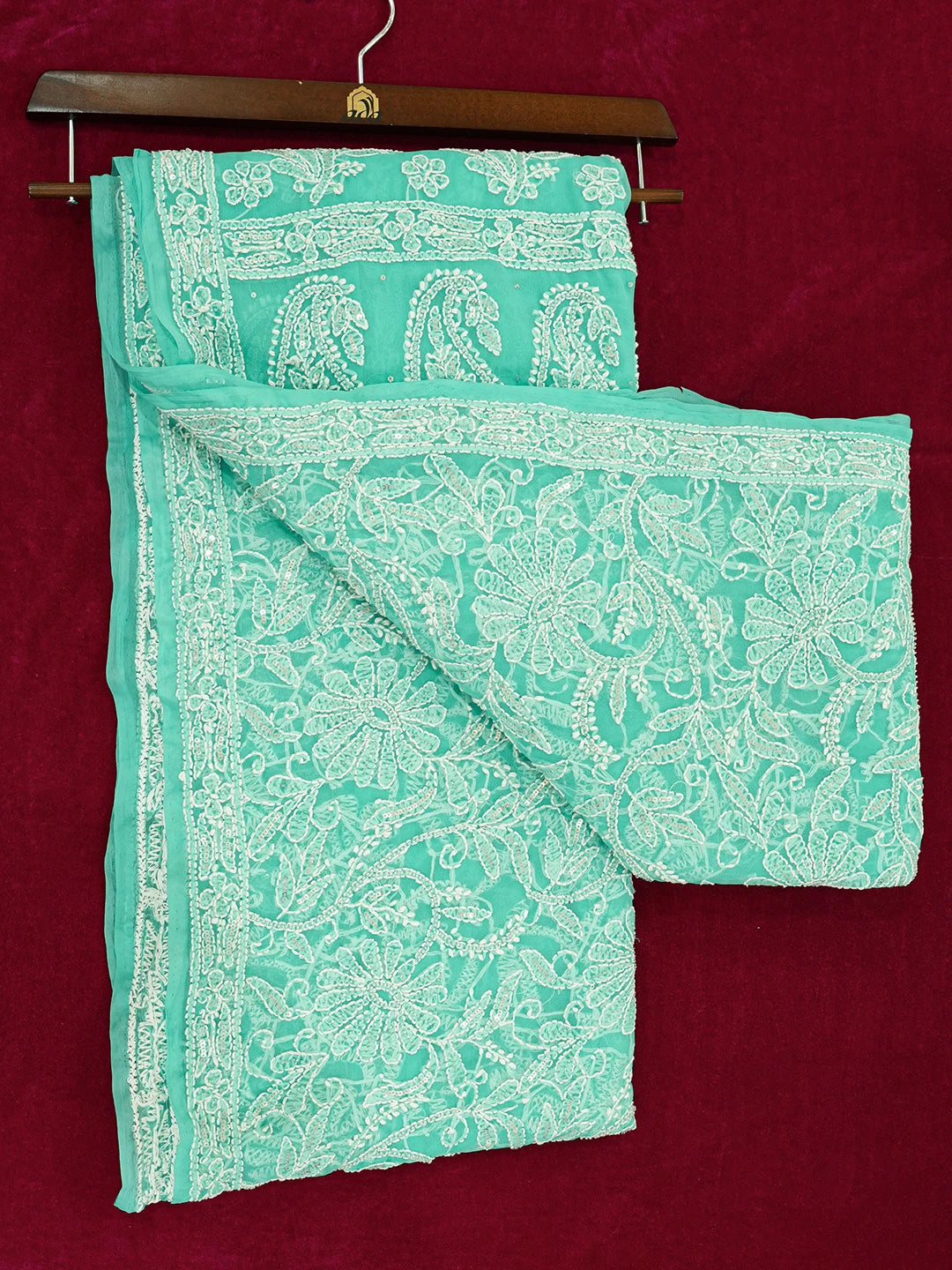 Ada Hand Embroidered Sea Green Georgette Lucknowi Chikankari Saree/Blouse with Sequinned Work 01A580223