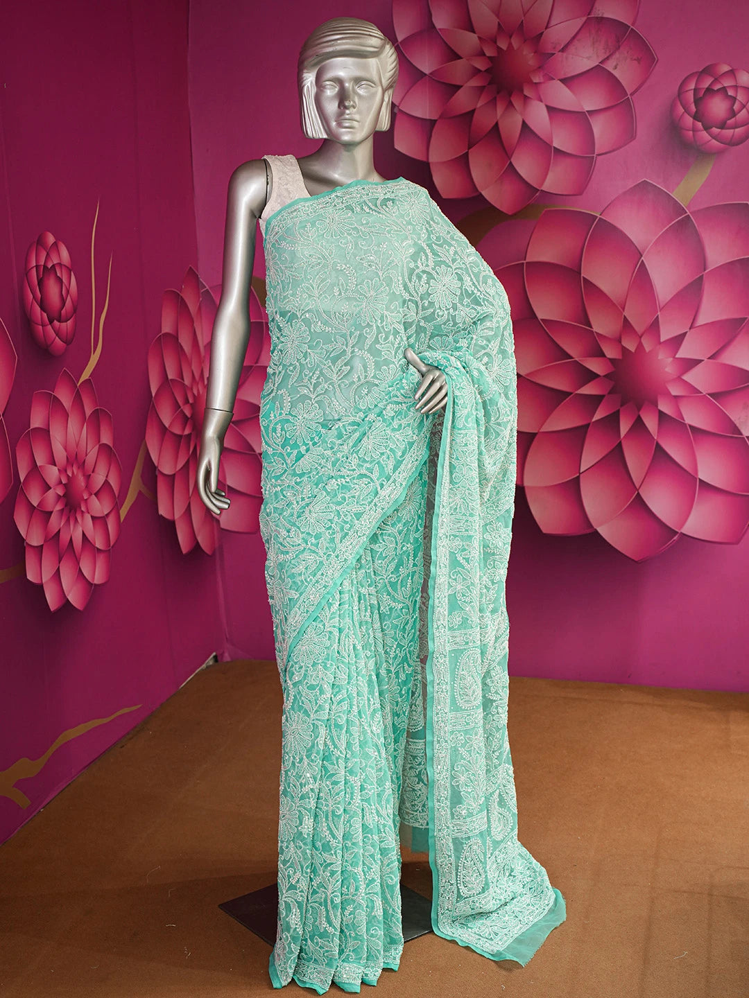 Ada Hand Embroidered Sea Green Georgette Lucknowi Chikankari Saree/Blouse with Sequinned Work 01A580223