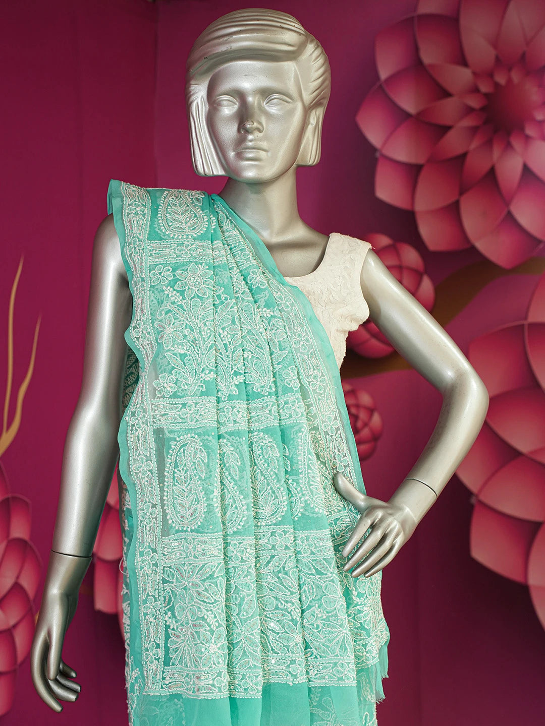 Ada Hand Embroidered Sea Green Georgette Lucknowi Chikankari Saree/Blouse with Sequinned Work 01A580223