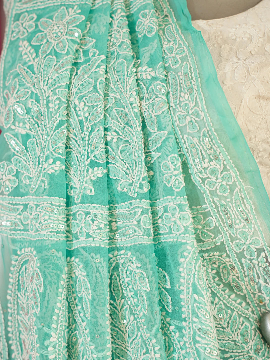 Ada Hand Embroidered Sea Green Georgette Lucknowi Chikankari Saree/Blouse with Sequinned Work 01A580223