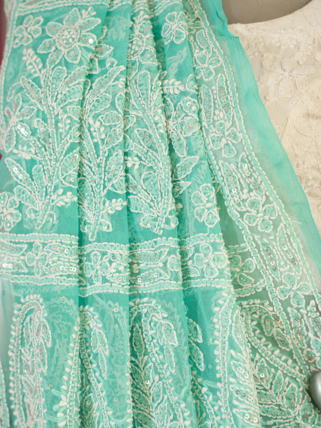 Ada Hand Embroidered Sea Green Georgette Lucknowi Chikankari Saree/Blouse with Sequinned Work 01A580223