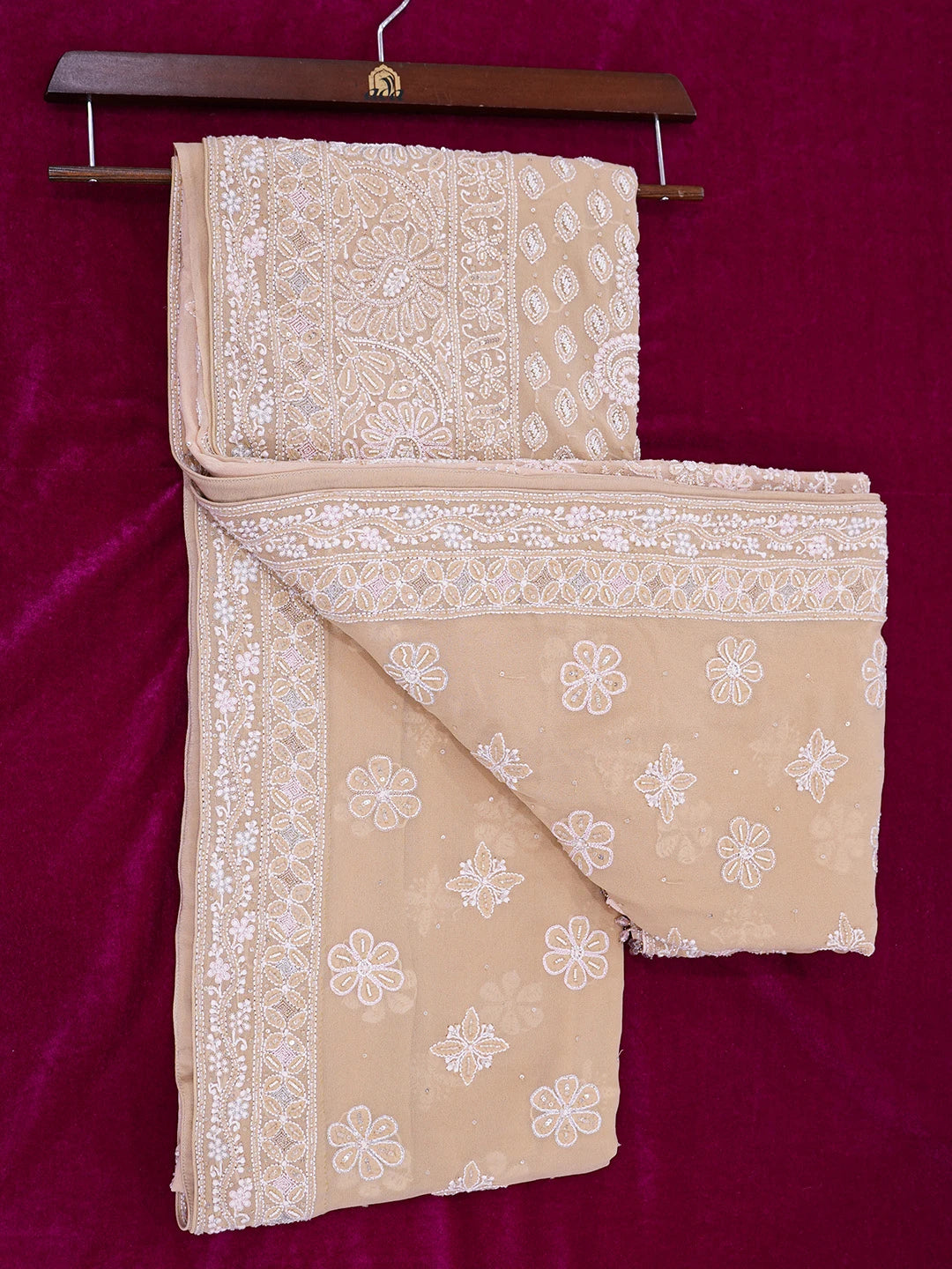 Ada Hand Embroidered Peach Pure Georgette Lucknowi Chikankari Saree/Blouse with Cutdana Work 01A567457