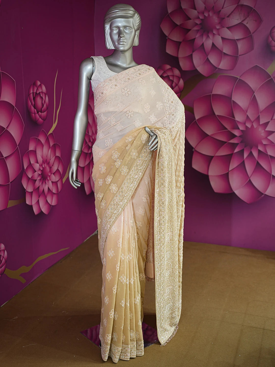 Ada Hand Embroidered Peach Pure Georgette Lucknowi Chikankari Saree/Blouse with Cutdana Work 01A567457
