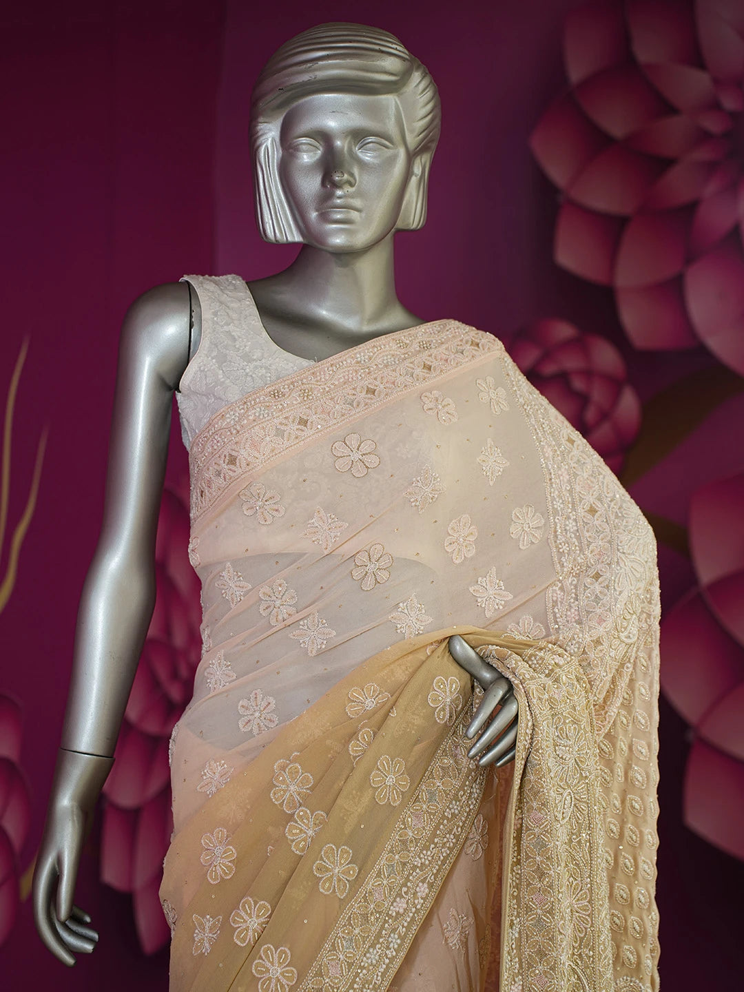Ada Hand Embroidered Peach Pure Georgette Lucknowi Chikankari Saree/Blouse with Cutdana Work 01A567457