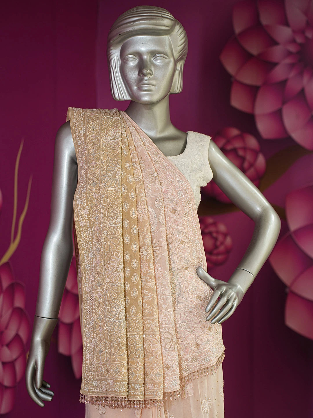 Ada Hand Embroidered Peach Pure Georgette Lucknowi Chikankari Saree/Blouse with Cutdana Work 01A567457