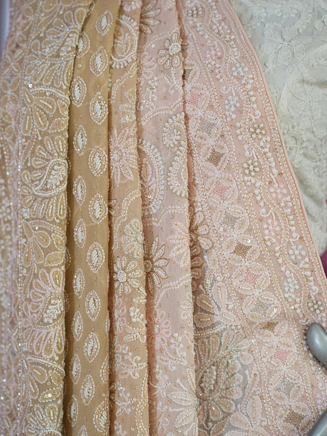 Ada Hand Embroidered Peach Pure Georgette Lucknowi Chikankari Saree/Blouse with Cutdana Work 01A567457