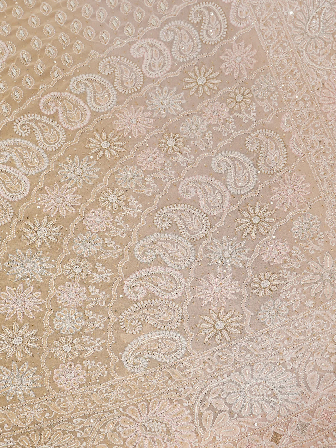 Ada Hand Embroidered Peach Pure Georgette Lucknowi Chikankari Saree/Blouse with Cutdana Work 01A567457