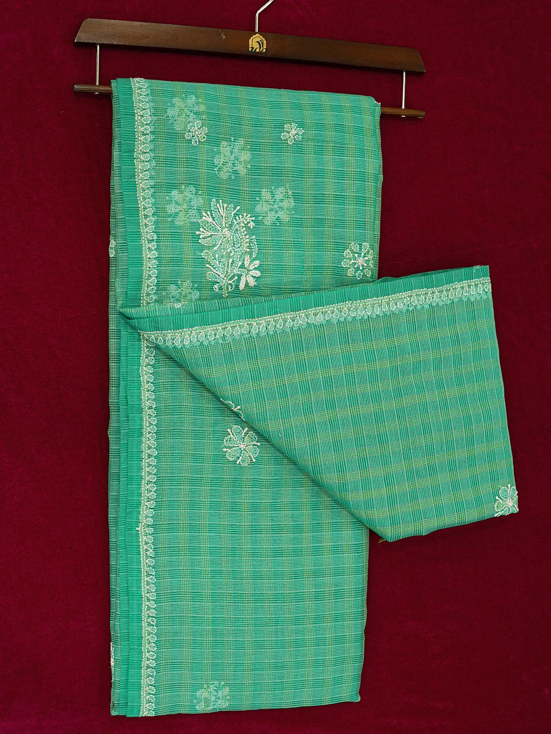 Ada Hand Embroidered Rama Green Super Net Lucknowi Chikankari Saree With Blouse And Zari Work 01A592620